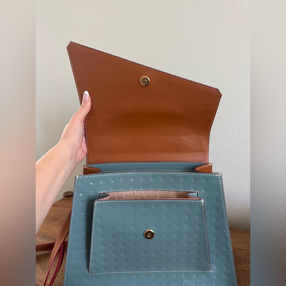 Arcadia Greenish Blue Crossbody Bag with Tan Strap - Picture 5 of 9